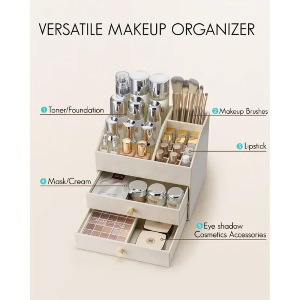New Beige PU Leather Makeup Organizer with Drawers for Vanity & Skincare Storage